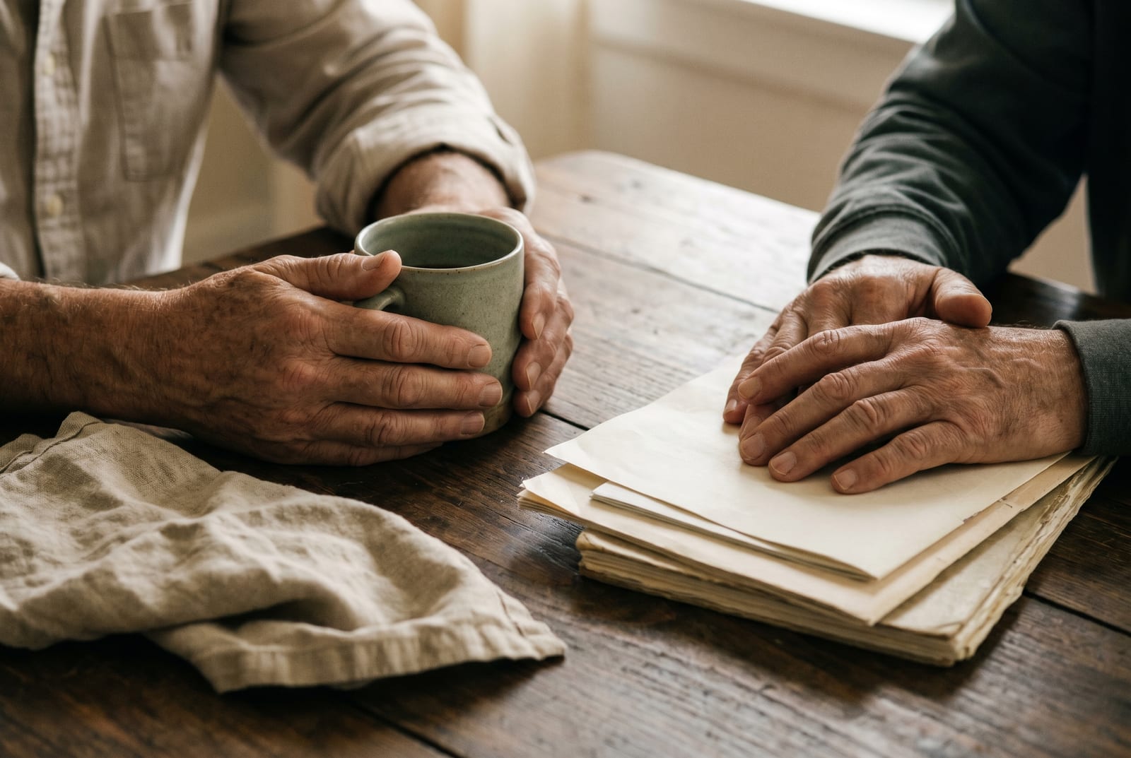Two pairs of older hands across a wooden dining table, one holding a coffee cup, the other resting on a stack of papers.