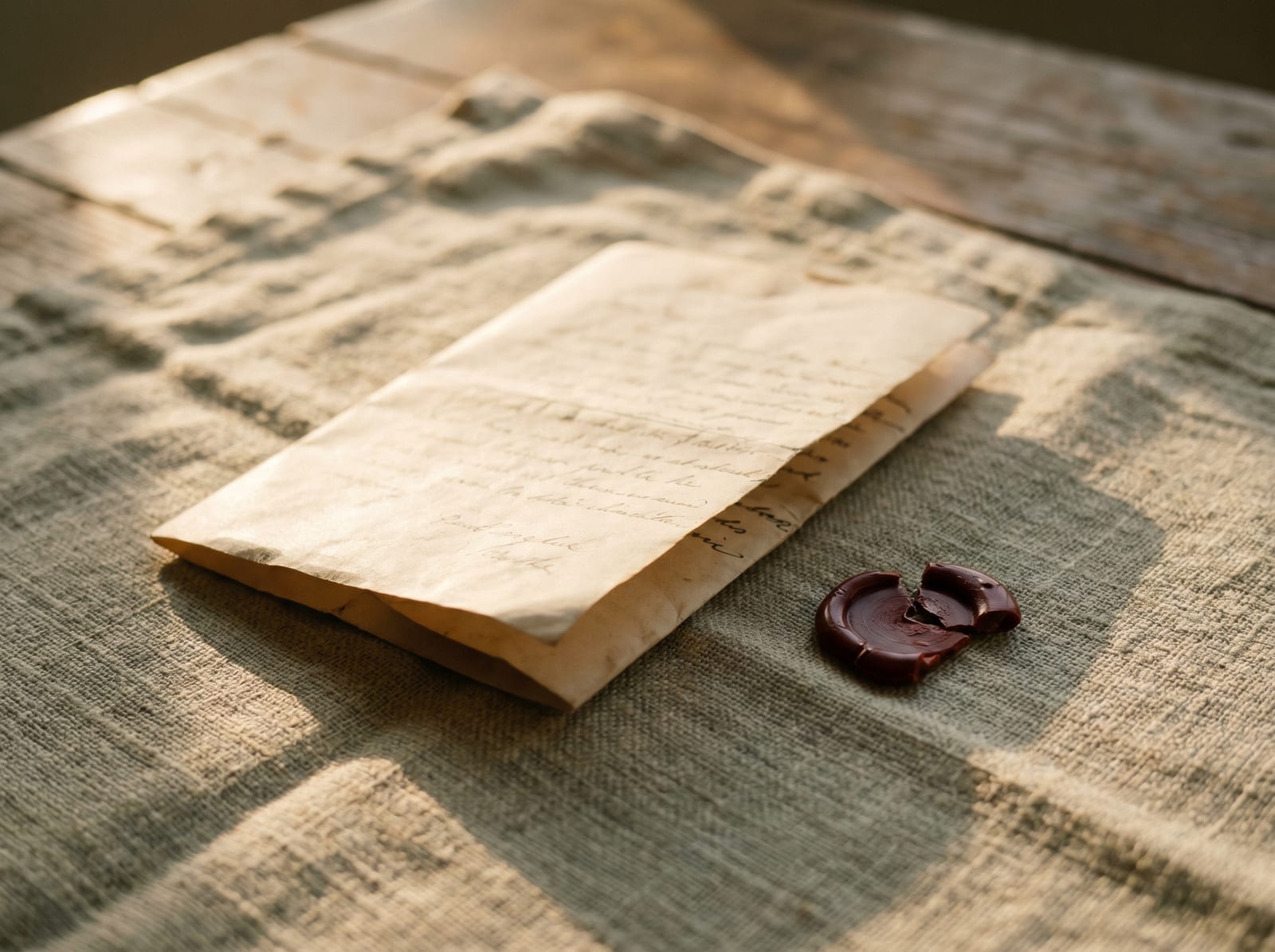 A folded handwritten letter on coarse linen, late-afternoon light, a cooled wax seal beside it.