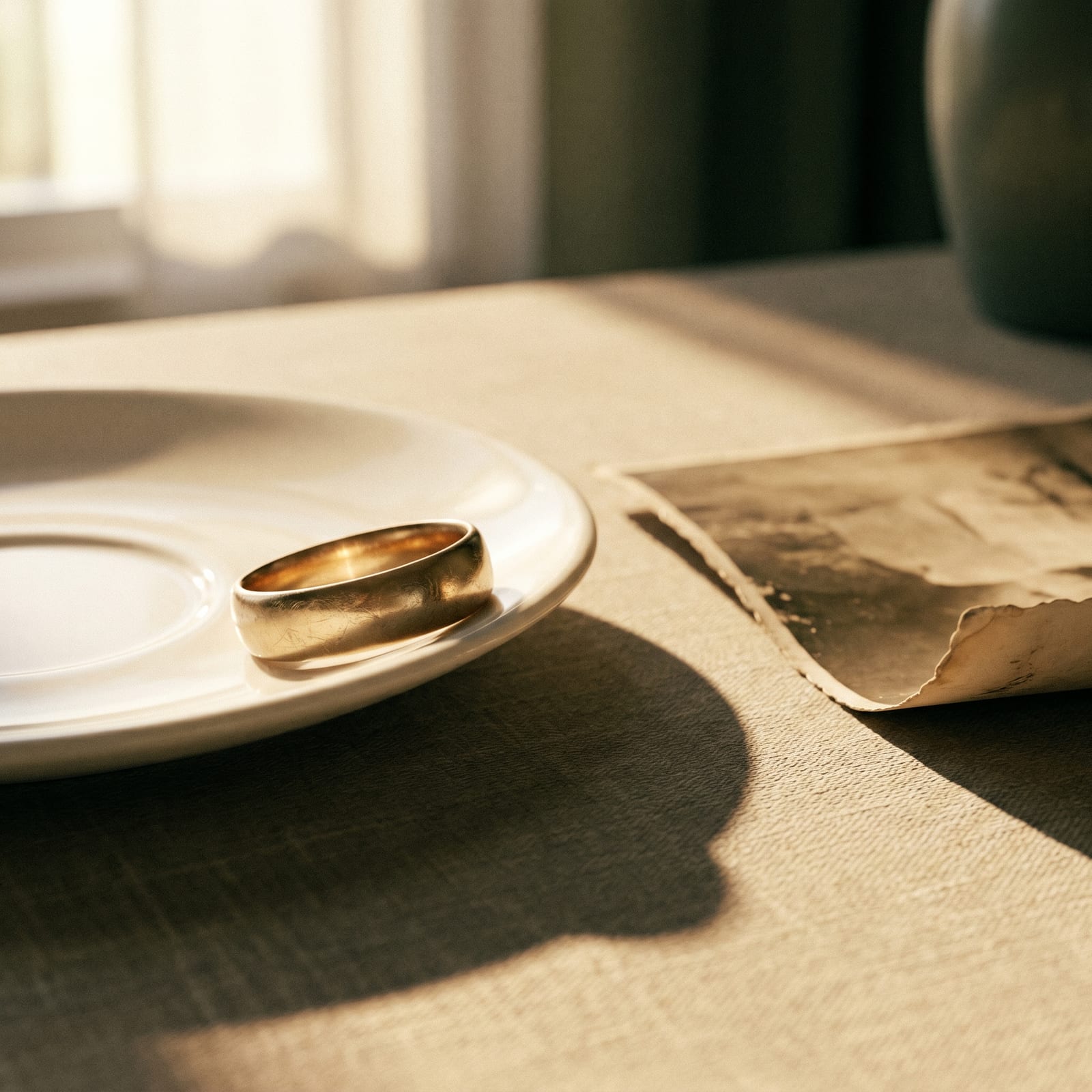 A worn gold wedding ring resting on a cream porcelain saucer beside a photograph turned face-down.