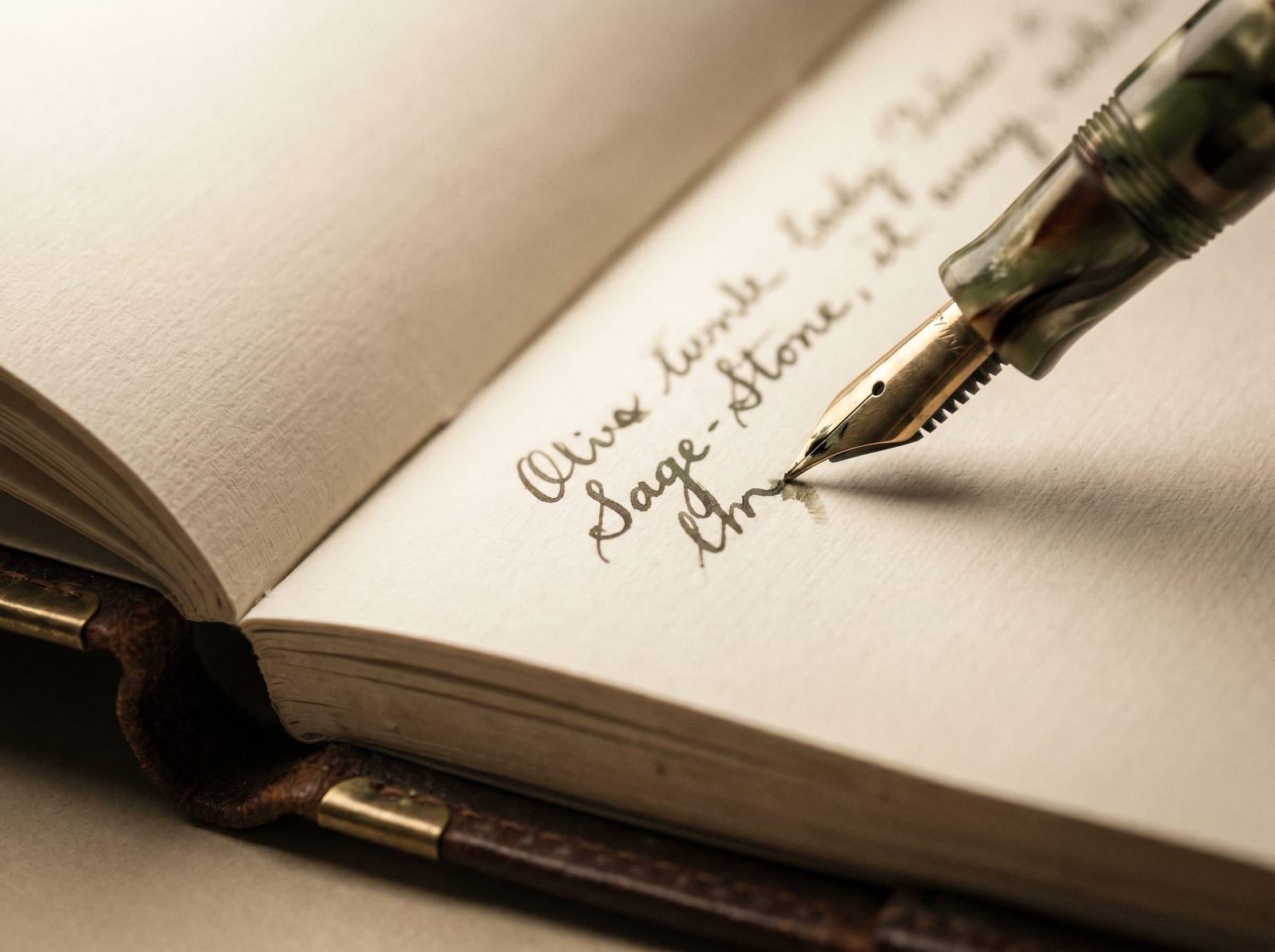 A leather-bound ledger open mid-page, a fountain pen mid-stroke on heavy linen-textured paper.